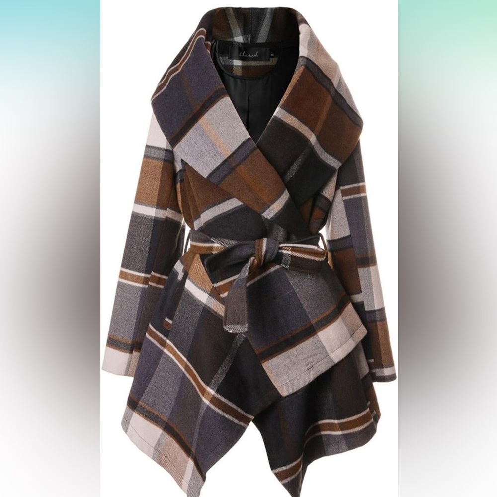Women's Coat Turn Down Shawl Collar Earth Check Asymmetric Hemline Wool Blend‎ M
